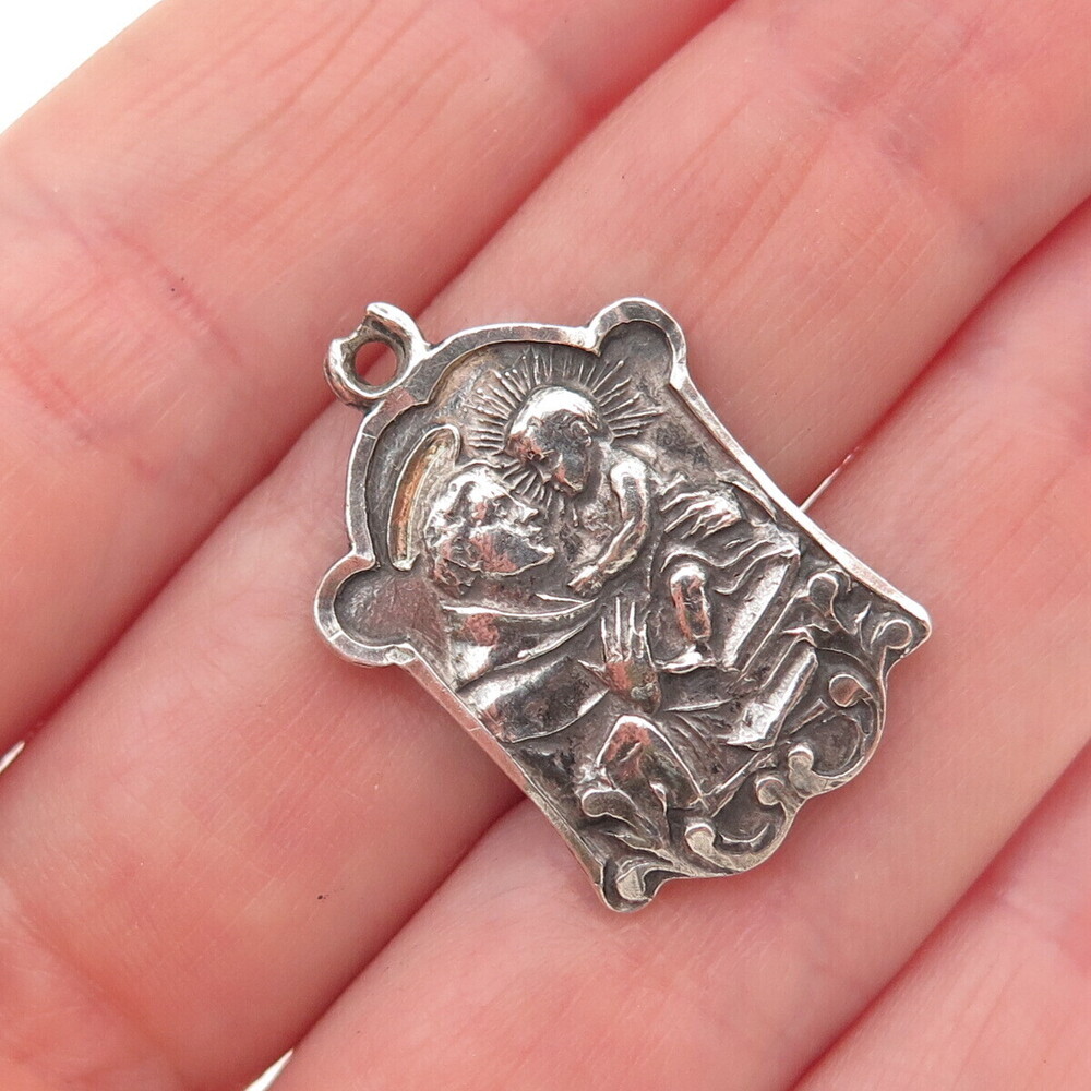 925 Sterling Silver Antique Art Deco Saint Anthony Oxidized Charm Pendant